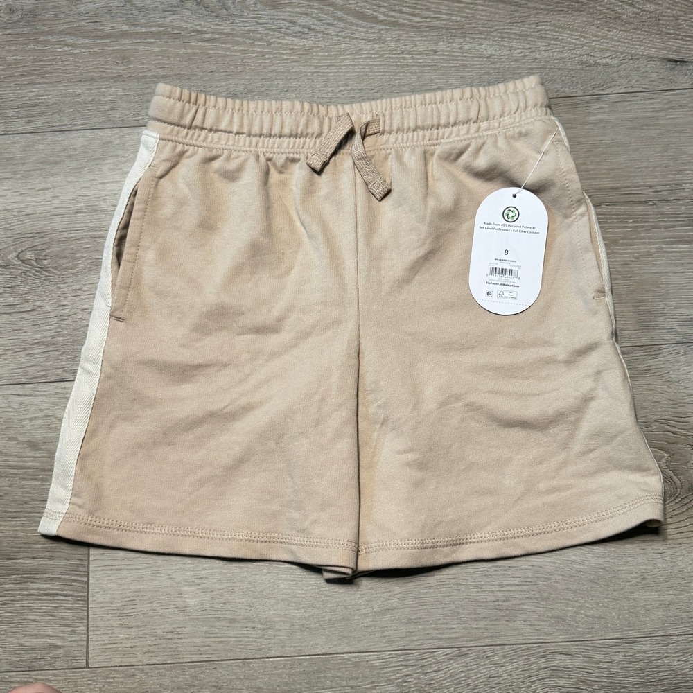 NWT Wonder Nation Boys Knit Shorts Size 8 Tan Newstone Side Stripe Drawstring